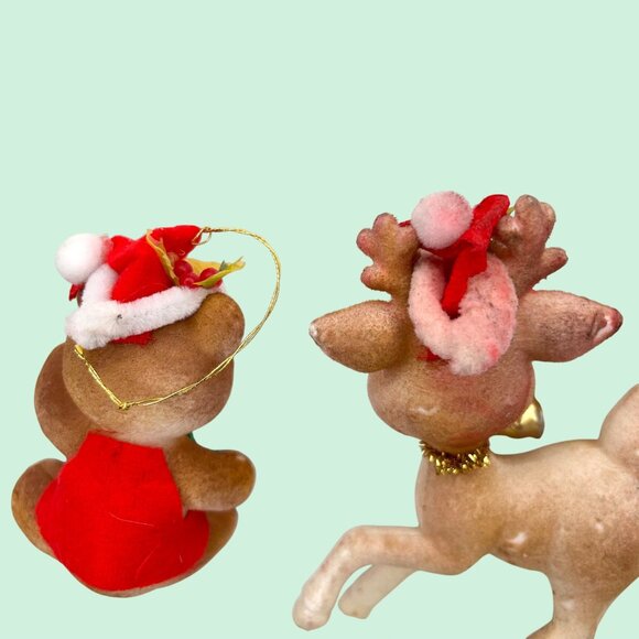 ADORABLE VINTAGE LOT OF 4 CHRISTMAS TREE ORNAMENTS FLOCKED REINDEER & BEAR - Picture 7 of 7